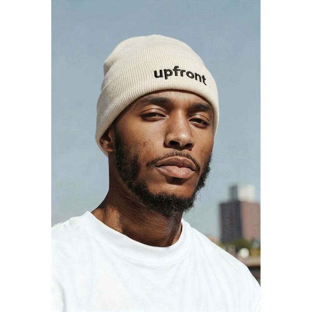 AS Colour Upfront Embroidered Cuff Beanie Cream Off-White Acrylic‎ Knit Hat Mens