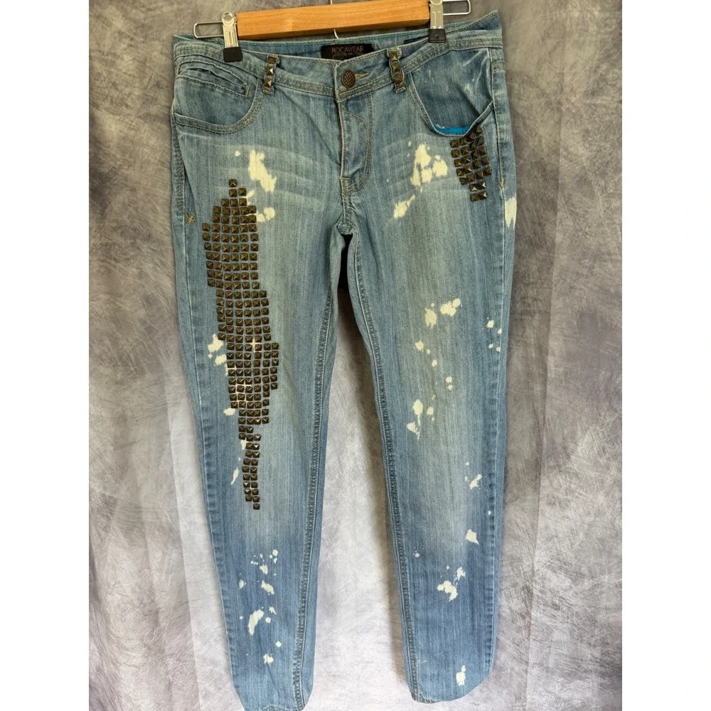 Rocawear Women Blue Bleached Studded Skinny Jeans Size 9 Y2K Streetwear Denim