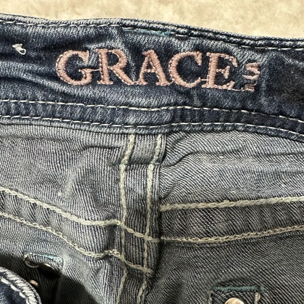 Grace In LA Boot Cut Embellished Embroidered Blue Light Wash‎ Faded Jeans Sz 28