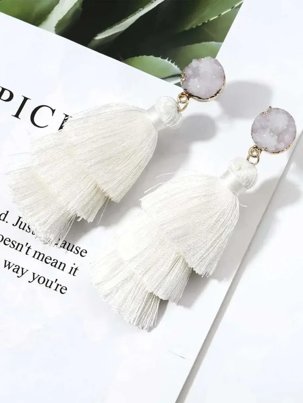 White Sparkling Stone Tassel Earrings Layered 3 Tier Crystal Boho Dangle Drop