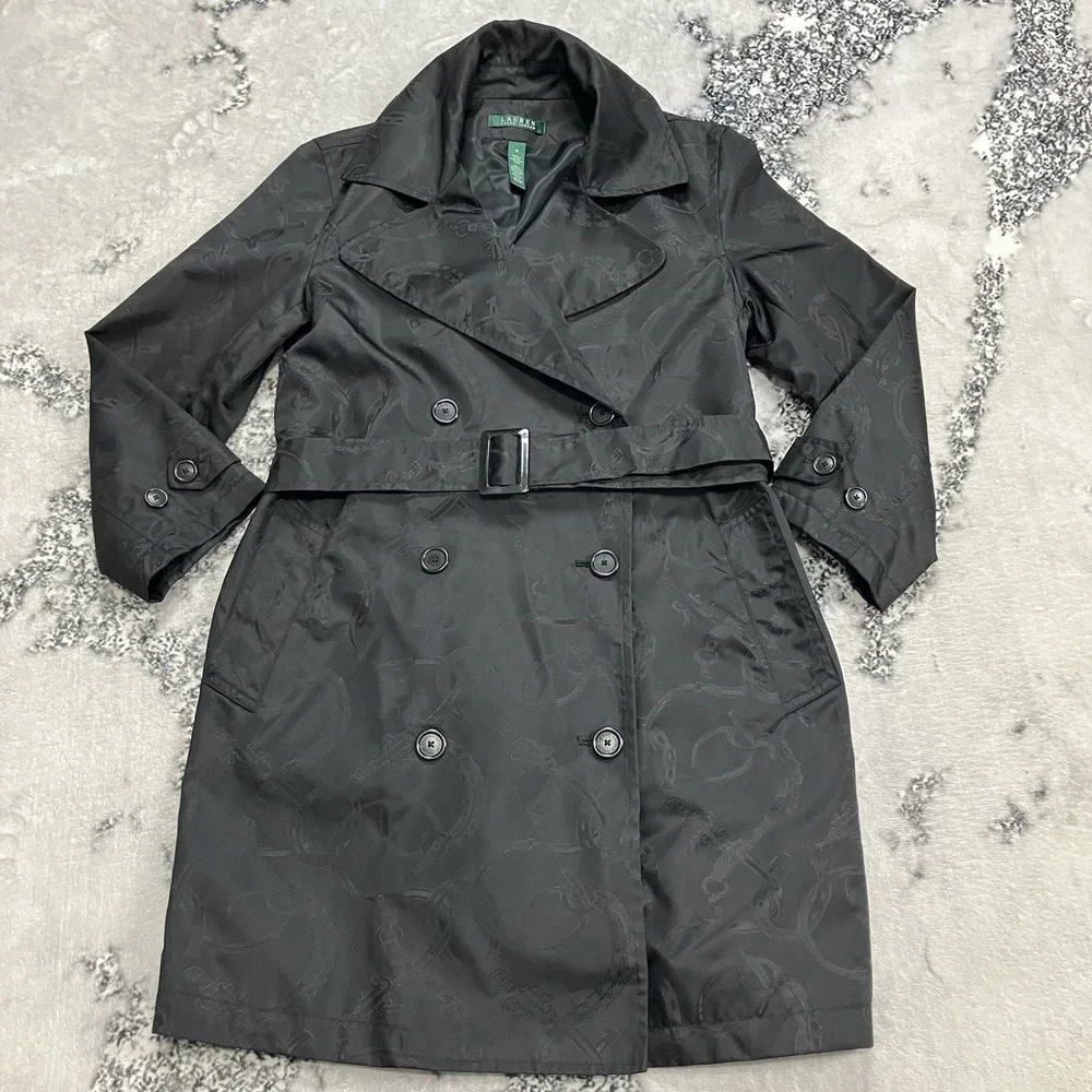 Lauren Ralph Lauren Trench Coat Belted Black Logo‎ Jacquard Double Medium
