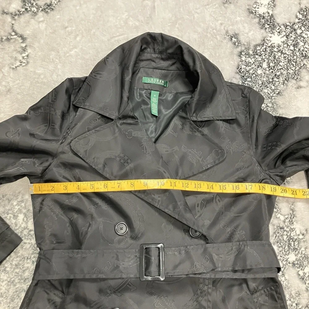 Lauren Ralph Lauren Trench Coat Belted Black Logo‎ Jacquard Double Medium