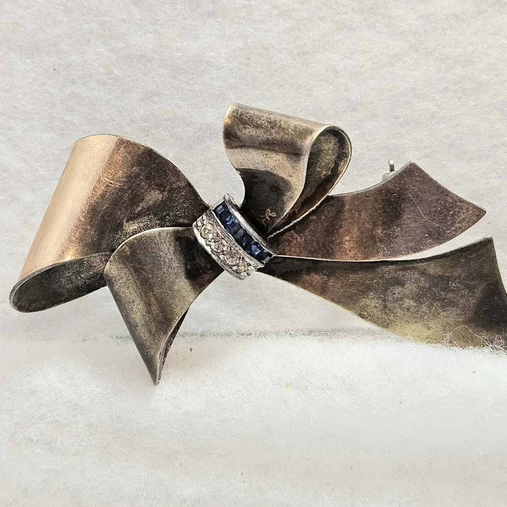 Vintage Sterling Taylord 1/20 12K Gold Filled Blue/Clear Rhinestones Bow Brooch