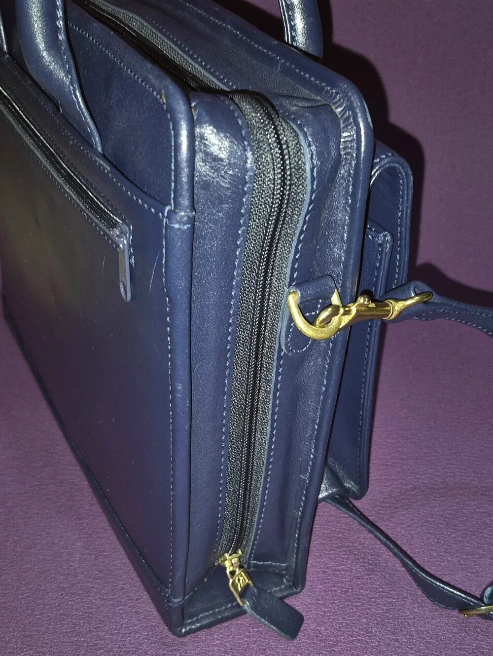 🔥VTG! Franklin Quest Full Grain Aniline Leather Classic Planner Navy Zip Bag
