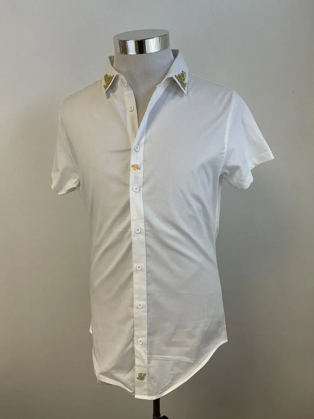 Siksilk Shirt Mens Small Button Up White Short Sleeve Sik Silk Embroidered N40