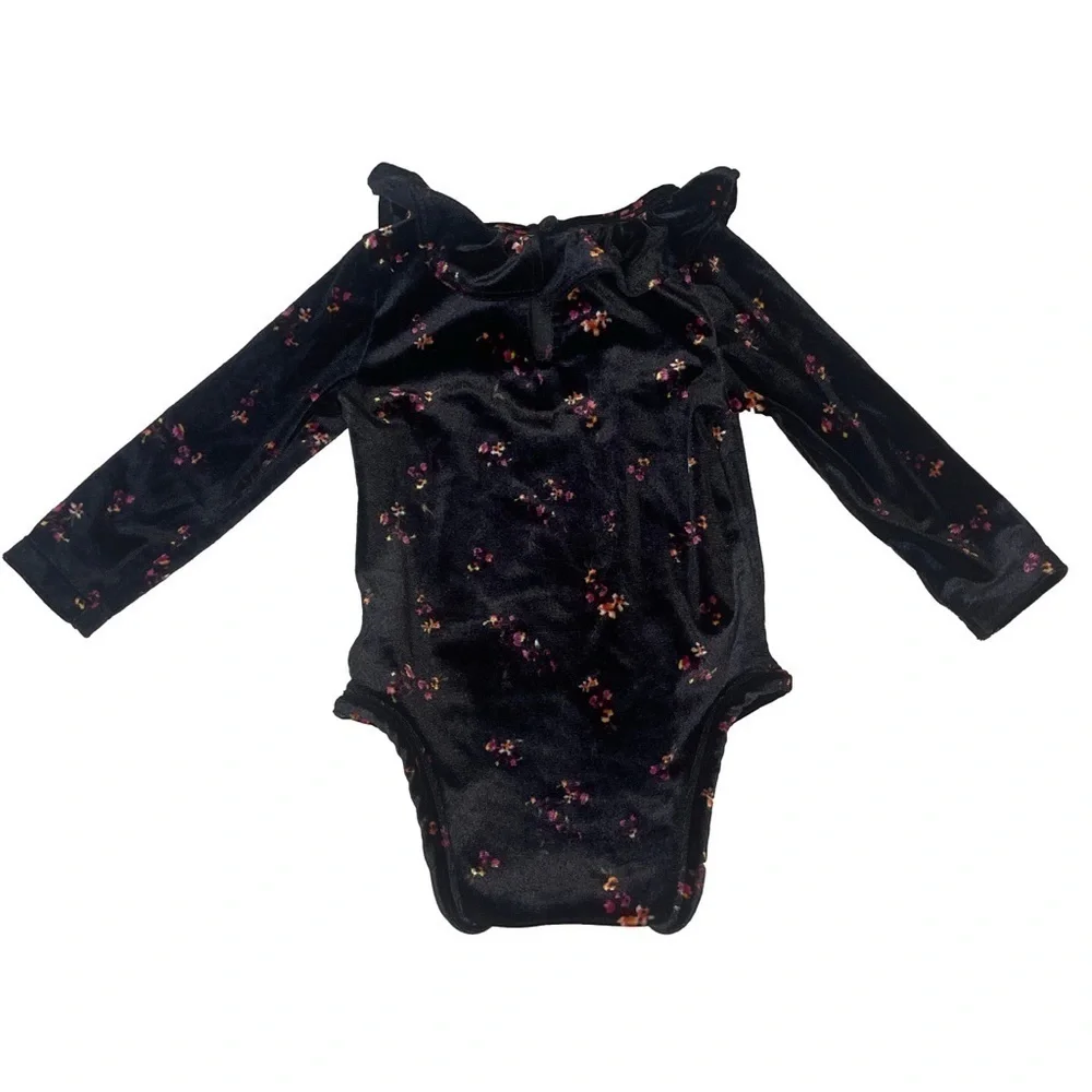 🟢 3/$15 Old Navy Velvet Ruffled Collar Floral-Print Bodysuit Baby 6-12 Months