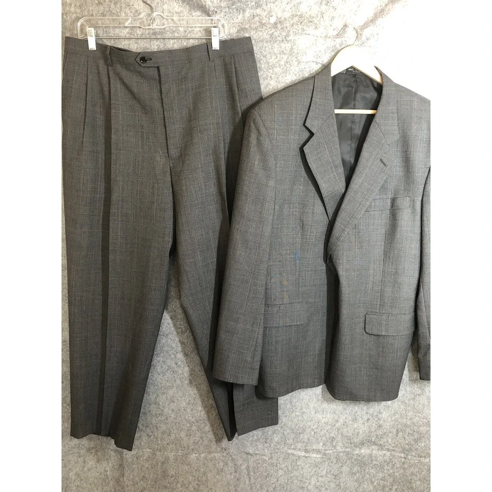 Gerald Austin Suit Gray Check 46R Wool Blazer Sport Coat  36 Trouser Business