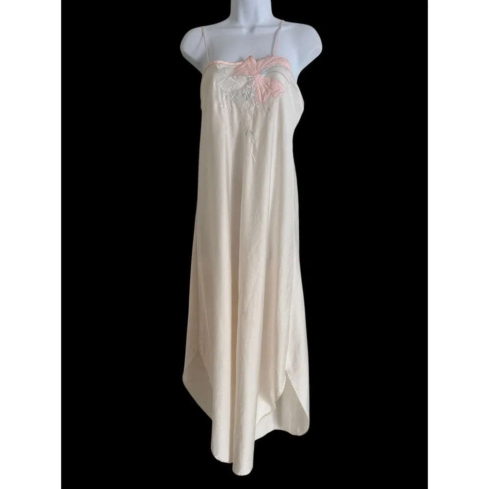 Vtg 80s Natori Slip Dress M Ivory Embroidered‎ Ivory Floral Applique Coquette