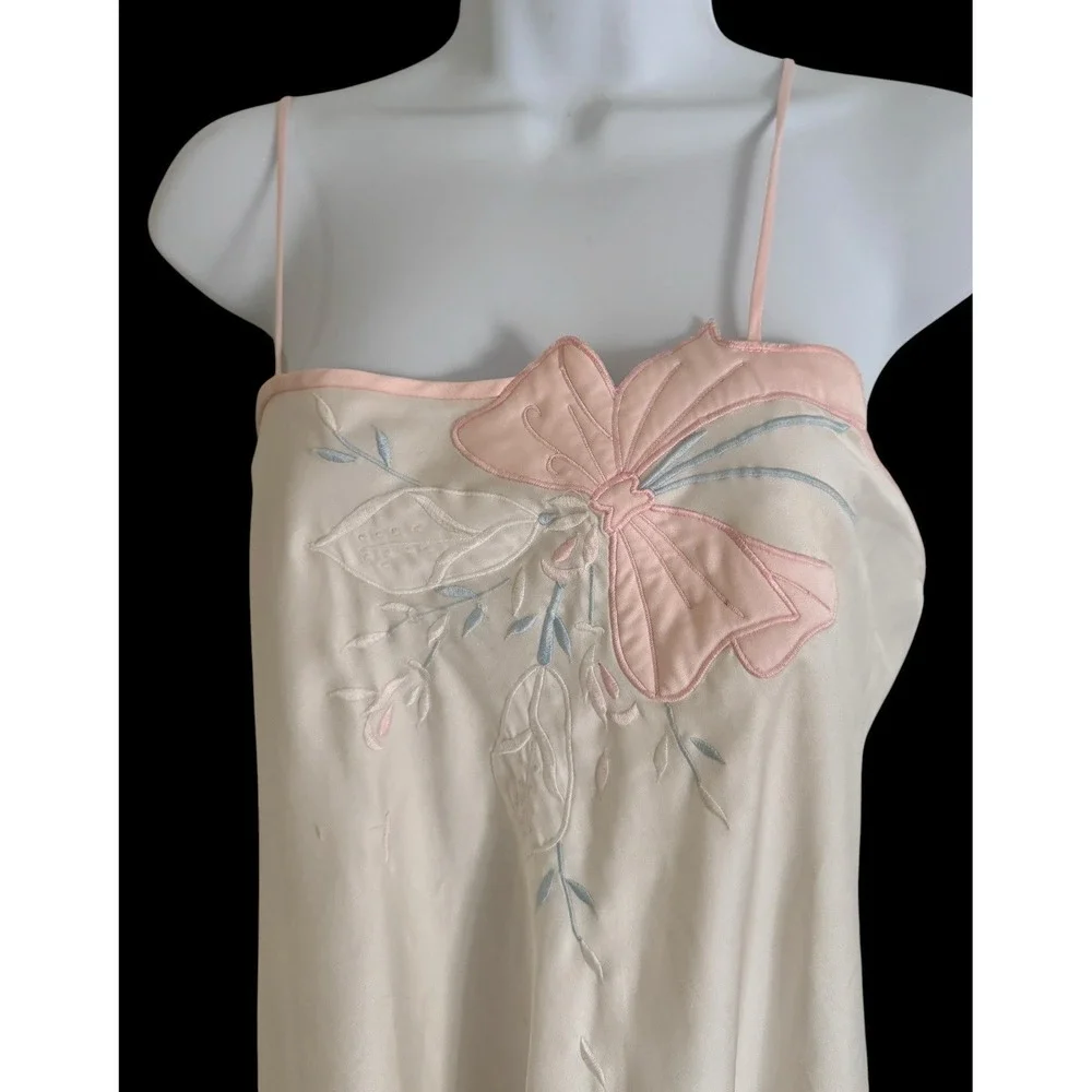 Vtg 80s Natori Slip Dress M Ivory Embroidered‎ Ivory Floral Applique Coquette