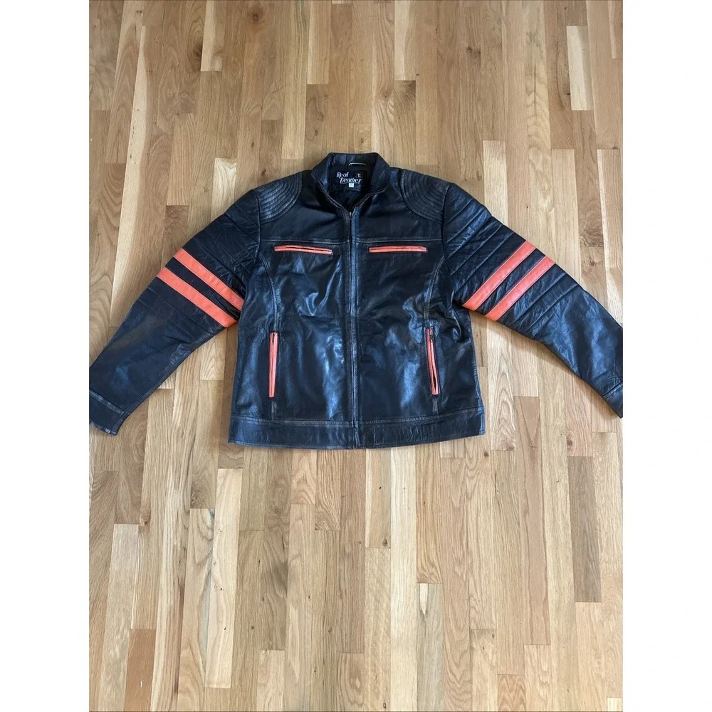 Men's Black Leather Biker Jacket Orange Stripe Vintage Retro Café Racer Coat 2XL