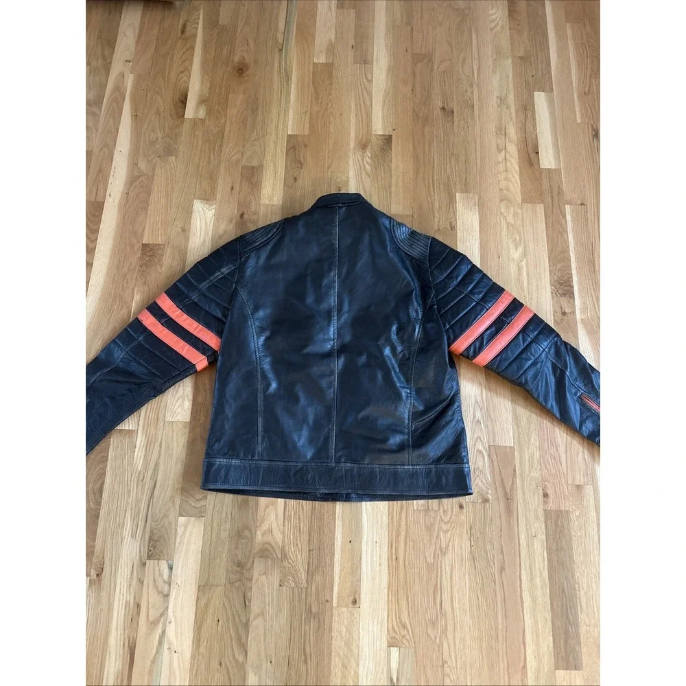 Men's Black Leather Biker Jacket Orange Stripe Vintage Retro Café Racer Coat 2XL