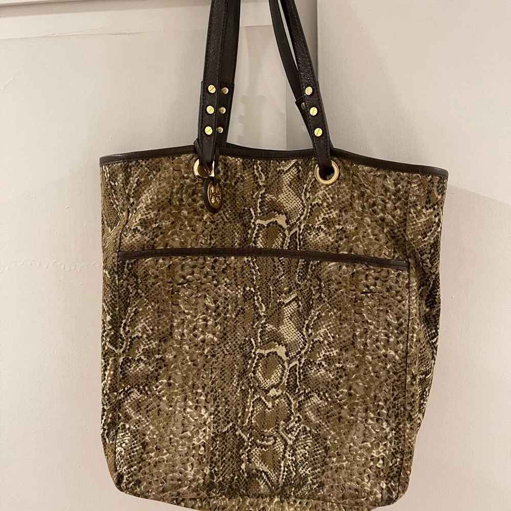 Tory Burch Canvas Reptile Print Tote with Brown Leather Detail