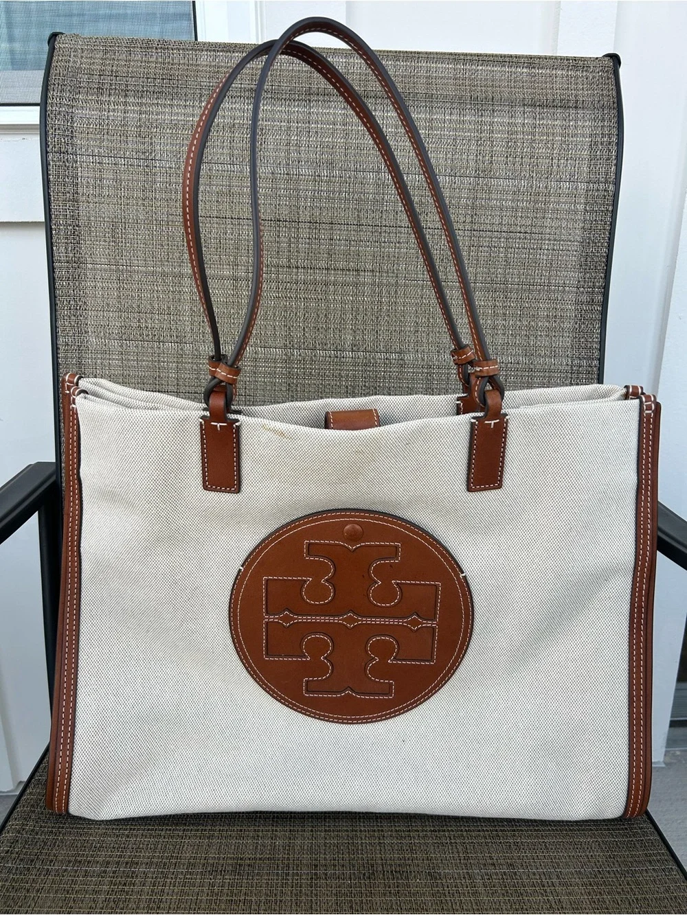 TORY BURCH Ella Canvas tote large Brown Leather Natural Classic Cuoio Bag Auth