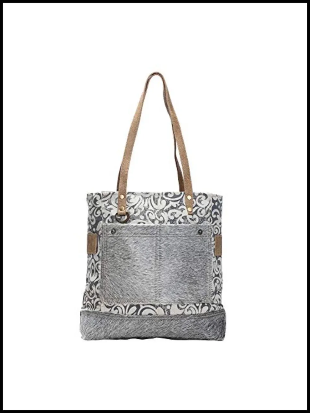 Canvas Tote Bag with Real Leather Strap - Boho Paisley Pattern