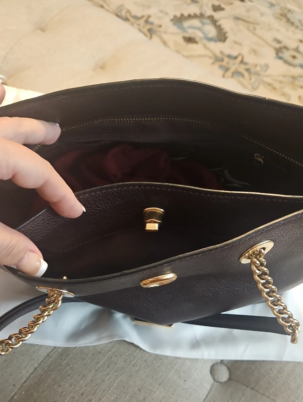 Coach Turnlock Chain Tote 27  Oxblood Pebbled Leather Gold Chain Shoulder Bag OS