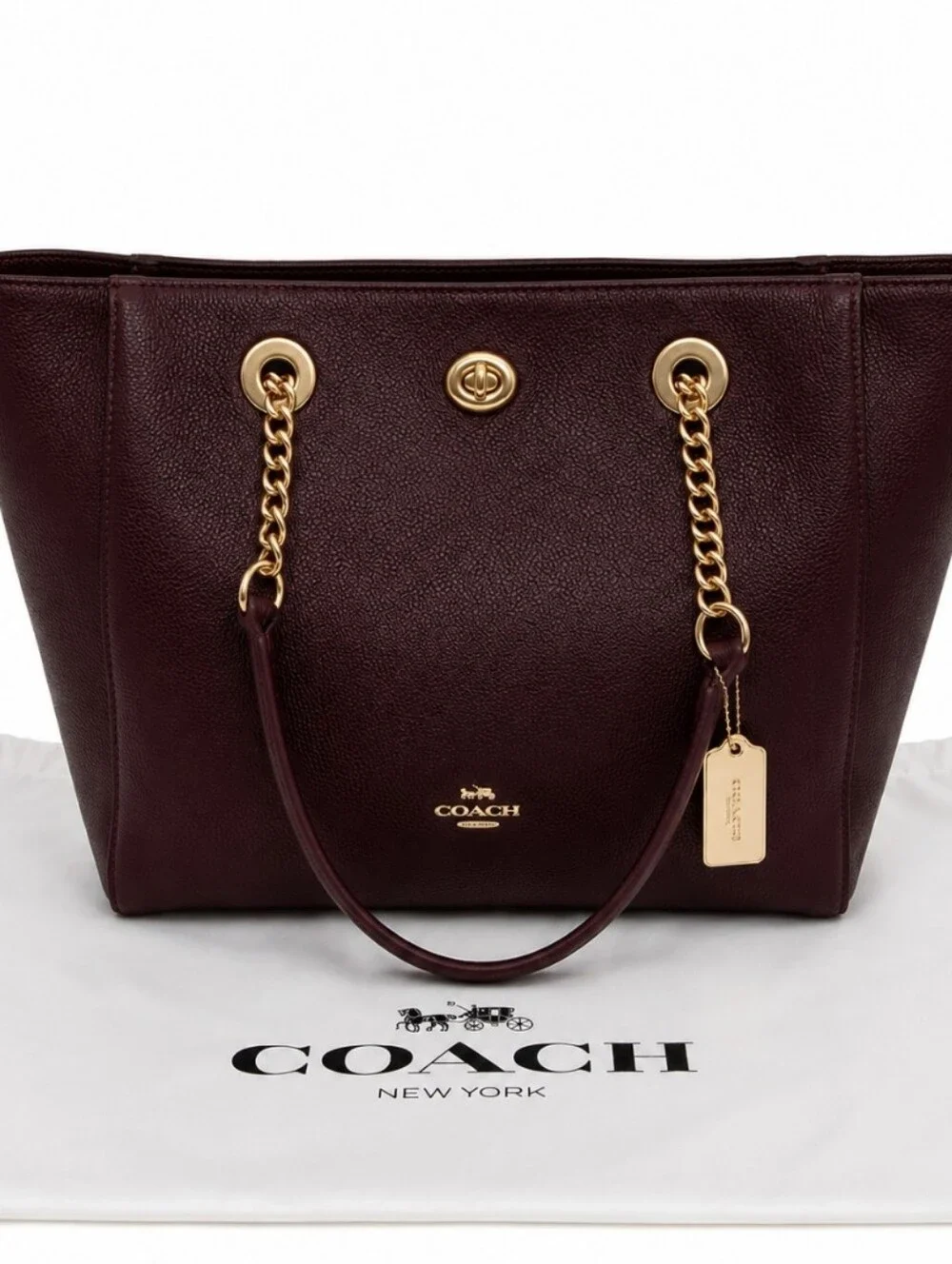 Coach Turnlock Chain Tote 27  Oxblood Pebbled Leather Gold Chain Shoulder Bag OS