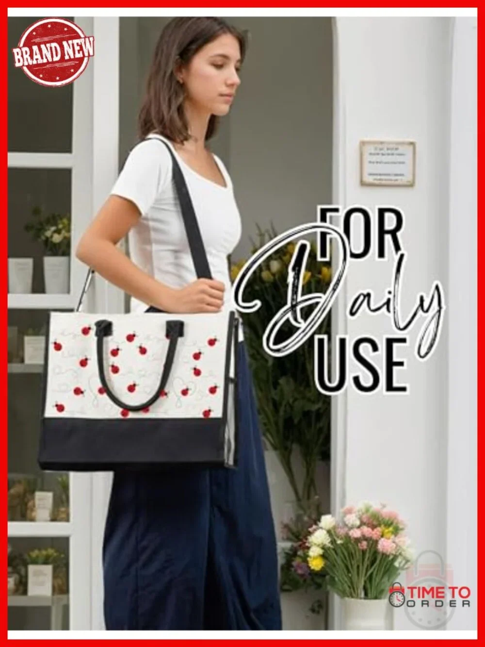 Canvas Tote Bag with Top Zipper and Shoulder Strap, Ladybug Pattern