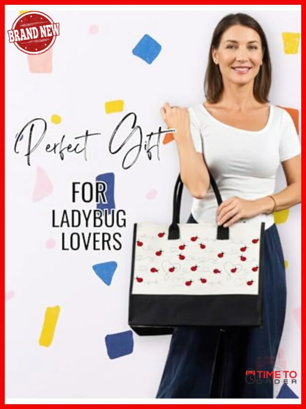 Canvas Tote Bag with Top Zipper and Shoulder Strap, Ladybug Pattern