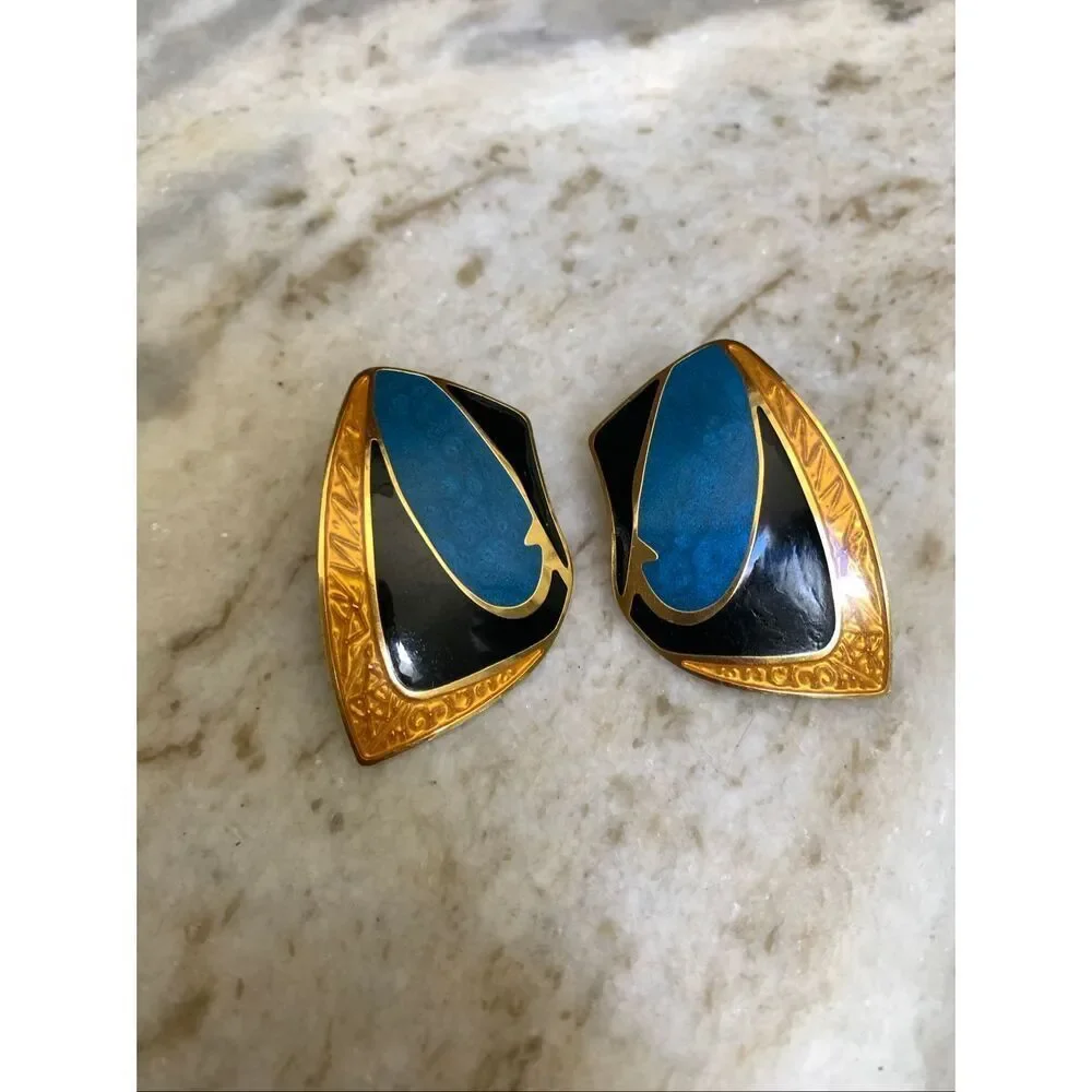 Berebi Vintage Art Deco Earrings #blue #black #gold