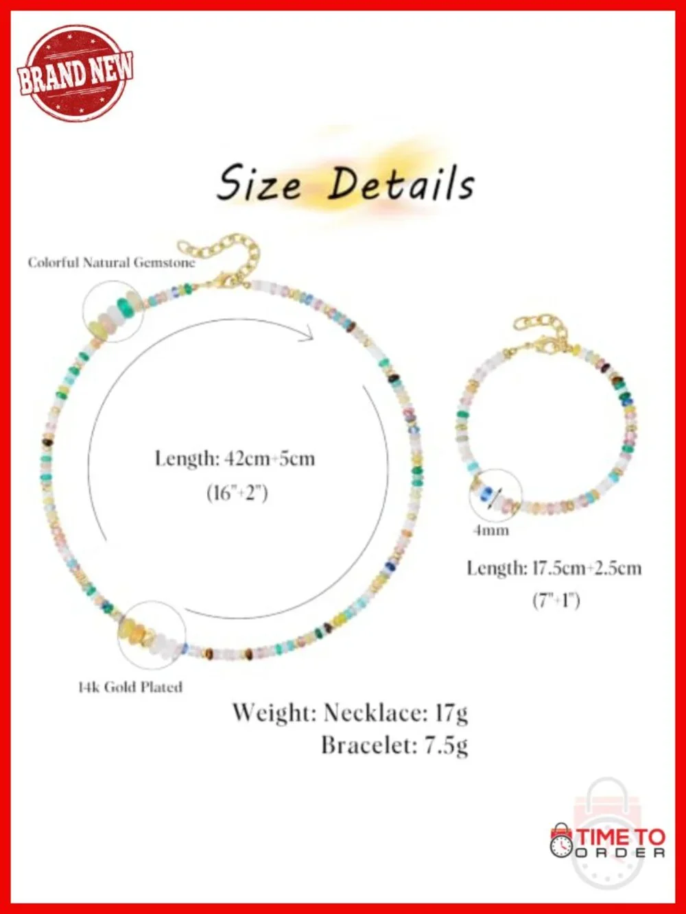 Boho Handmade Gemstone Bead Choker Necklace & Bracelet Set with Gold Spacers