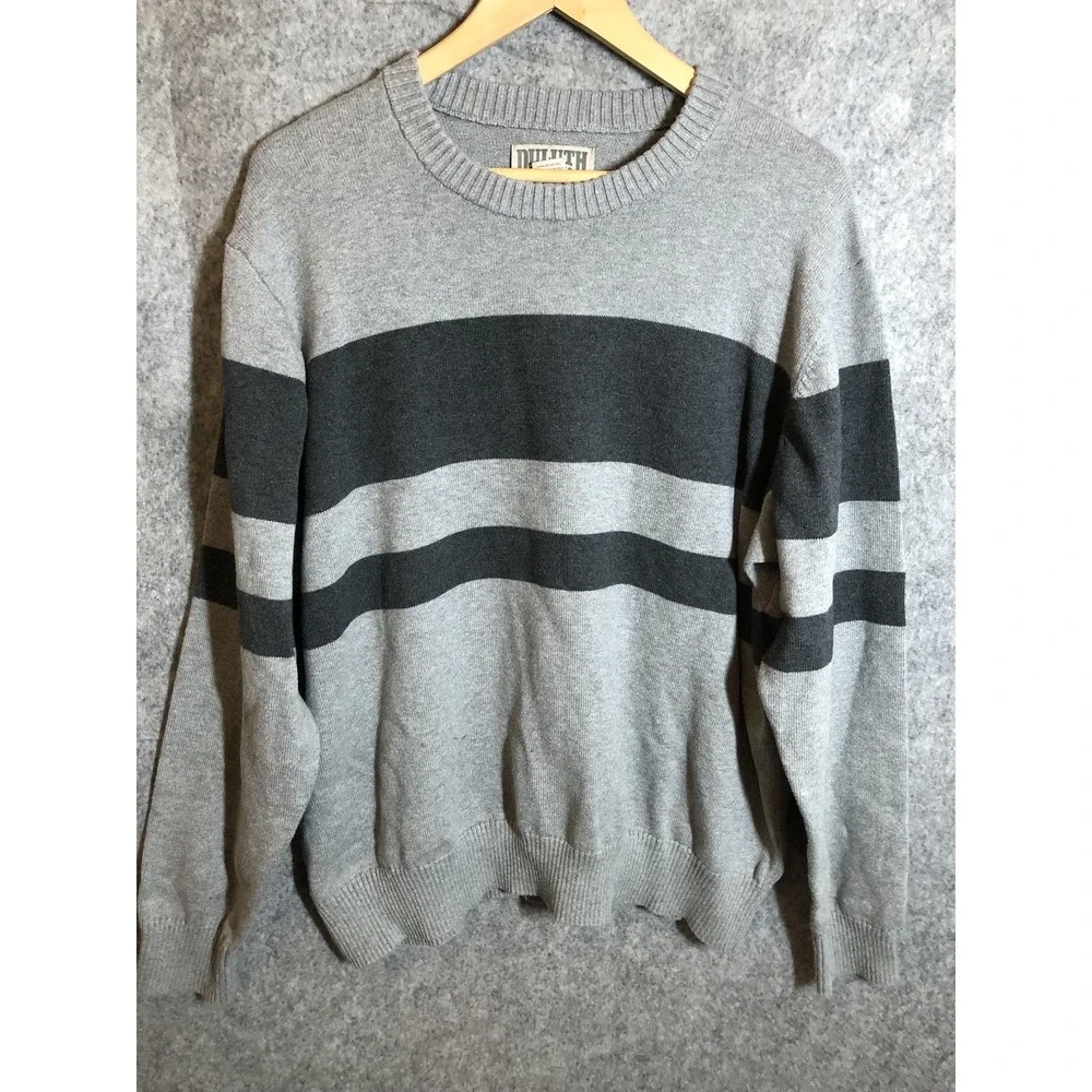 Duluth Trading Co Sweater Mens XL Gray Stripe Crewneck Pullover Knit Casual