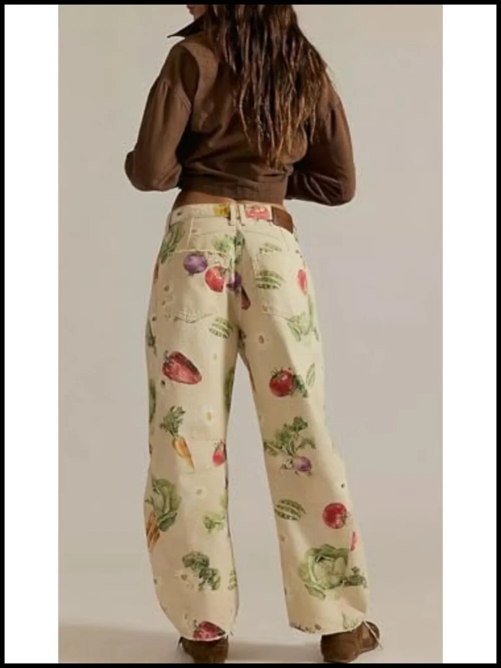 Women Boyfriend Baggy Barrel Jeans Floral Print Denim Ankle Pants Wide Leg Mid