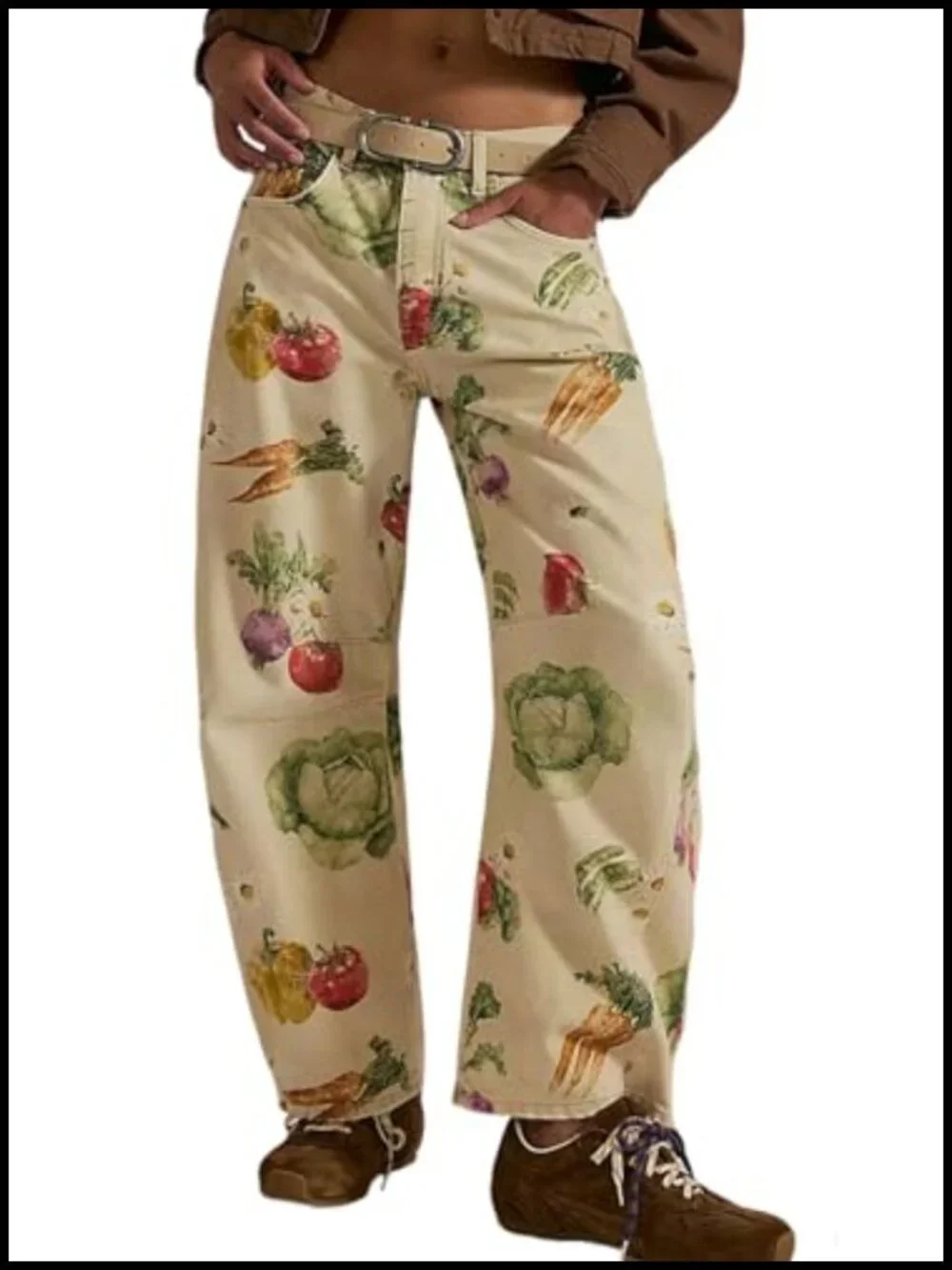 Women Boyfriend Baggy Barrel Jeans Floral Print Denim Ankle Pants Wide Leg Mid