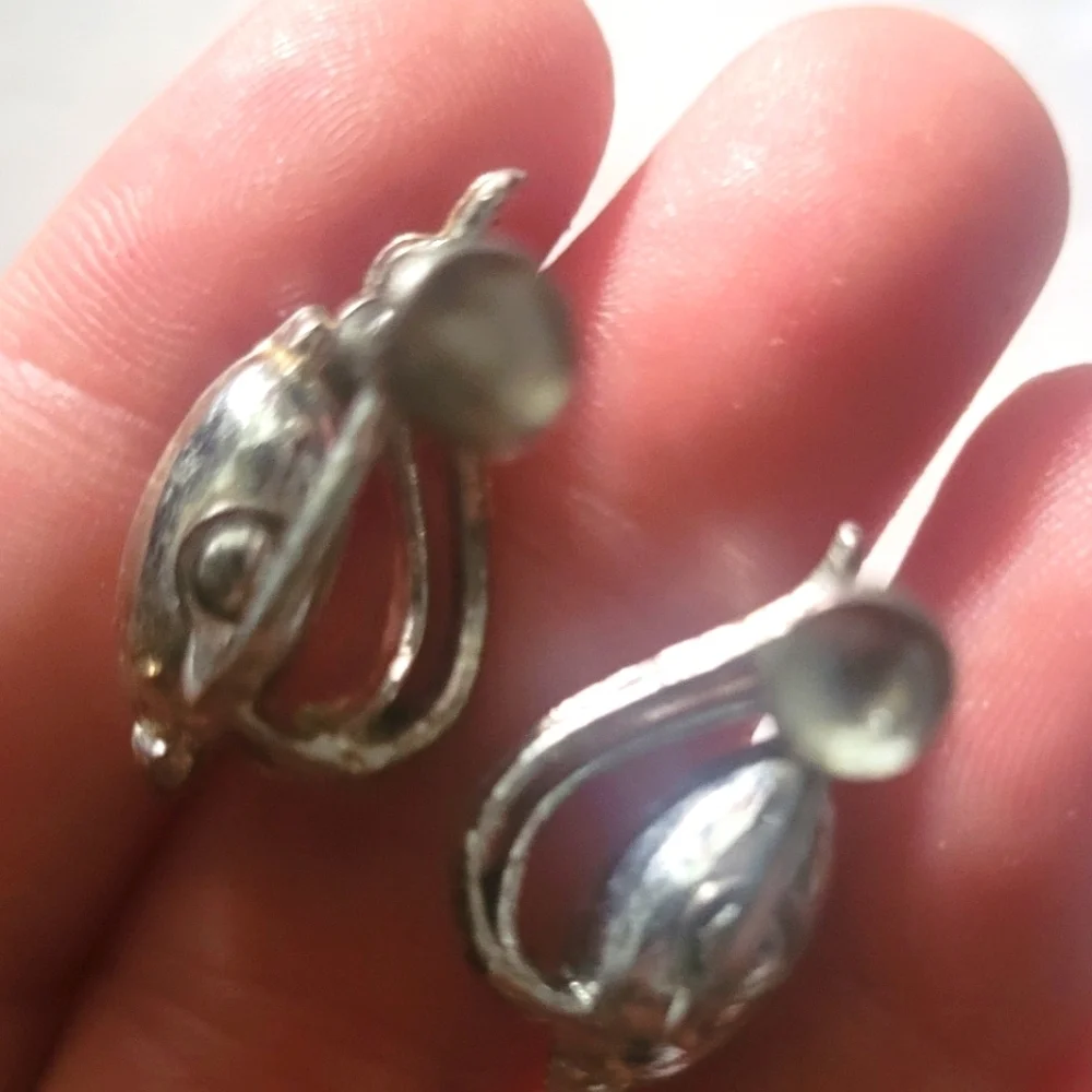 Earrings Screw on clip Silver plated Marquis cut cubic zirconia Vintage