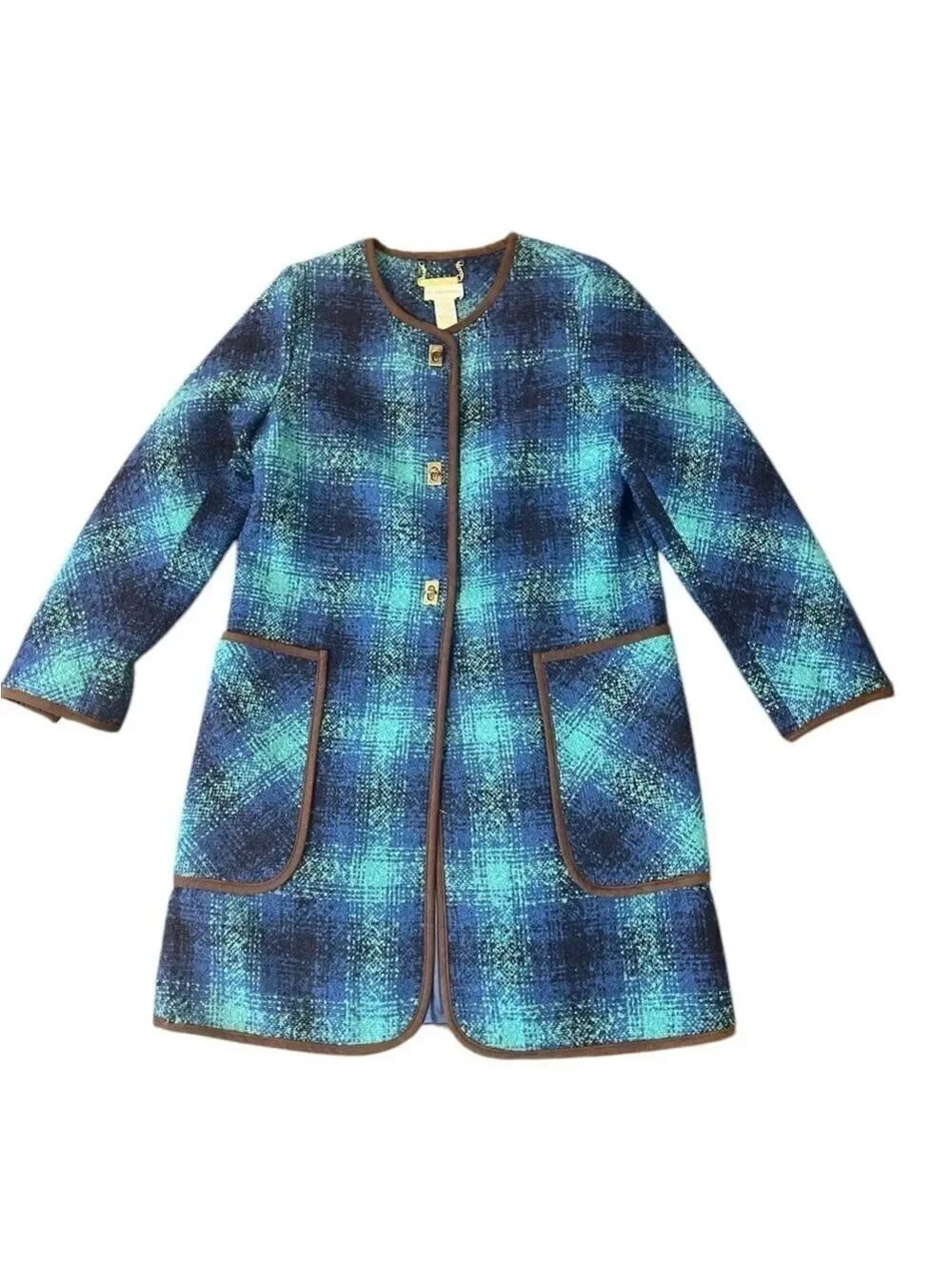 Soft Surroundings Blue Bouclé Plaid Longline Coat Metal Toggle XS EUC