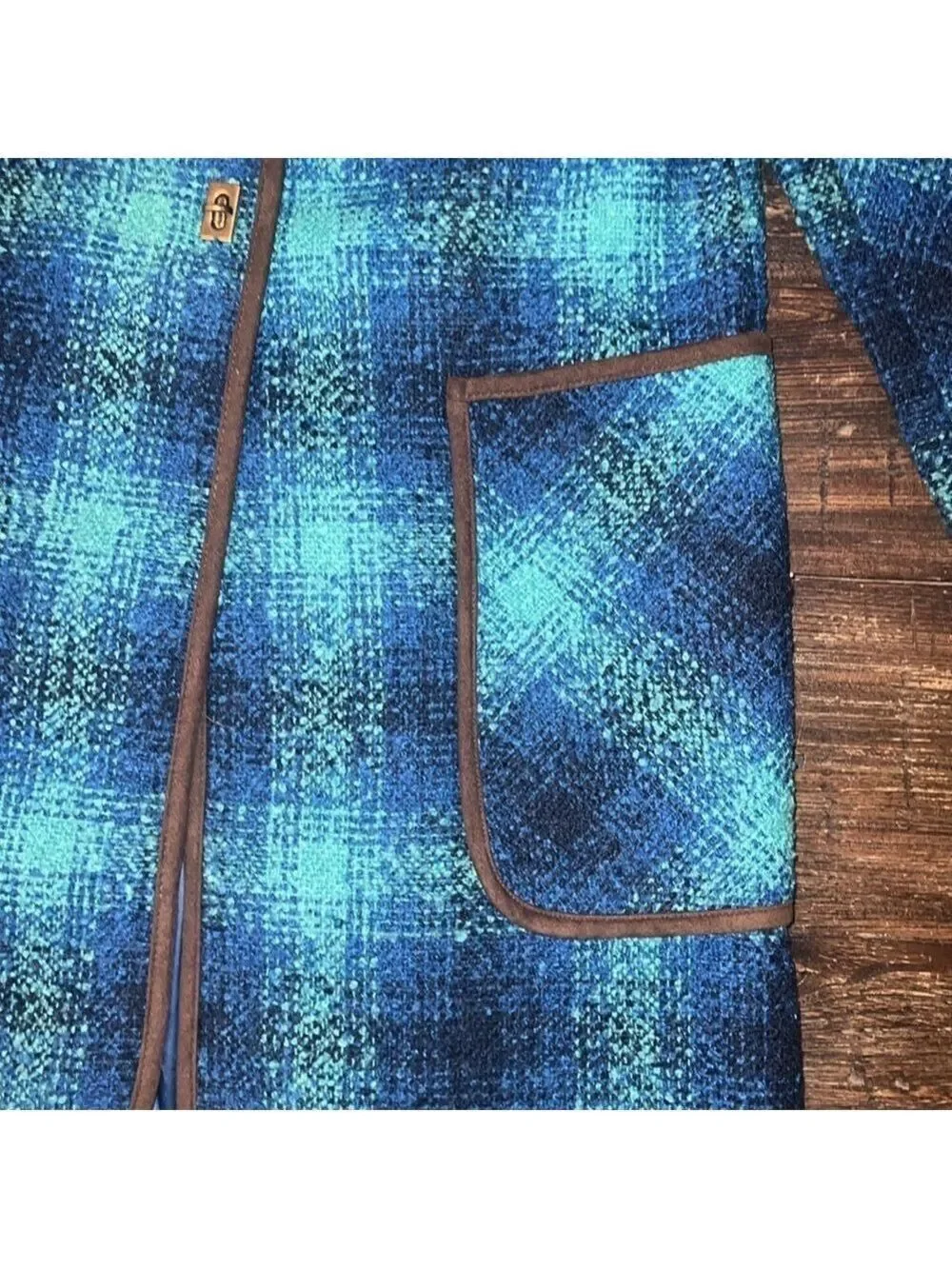 Soft Surroundings Blue Bouclé Plaid Longline Coat Metal Toggle XS EUC