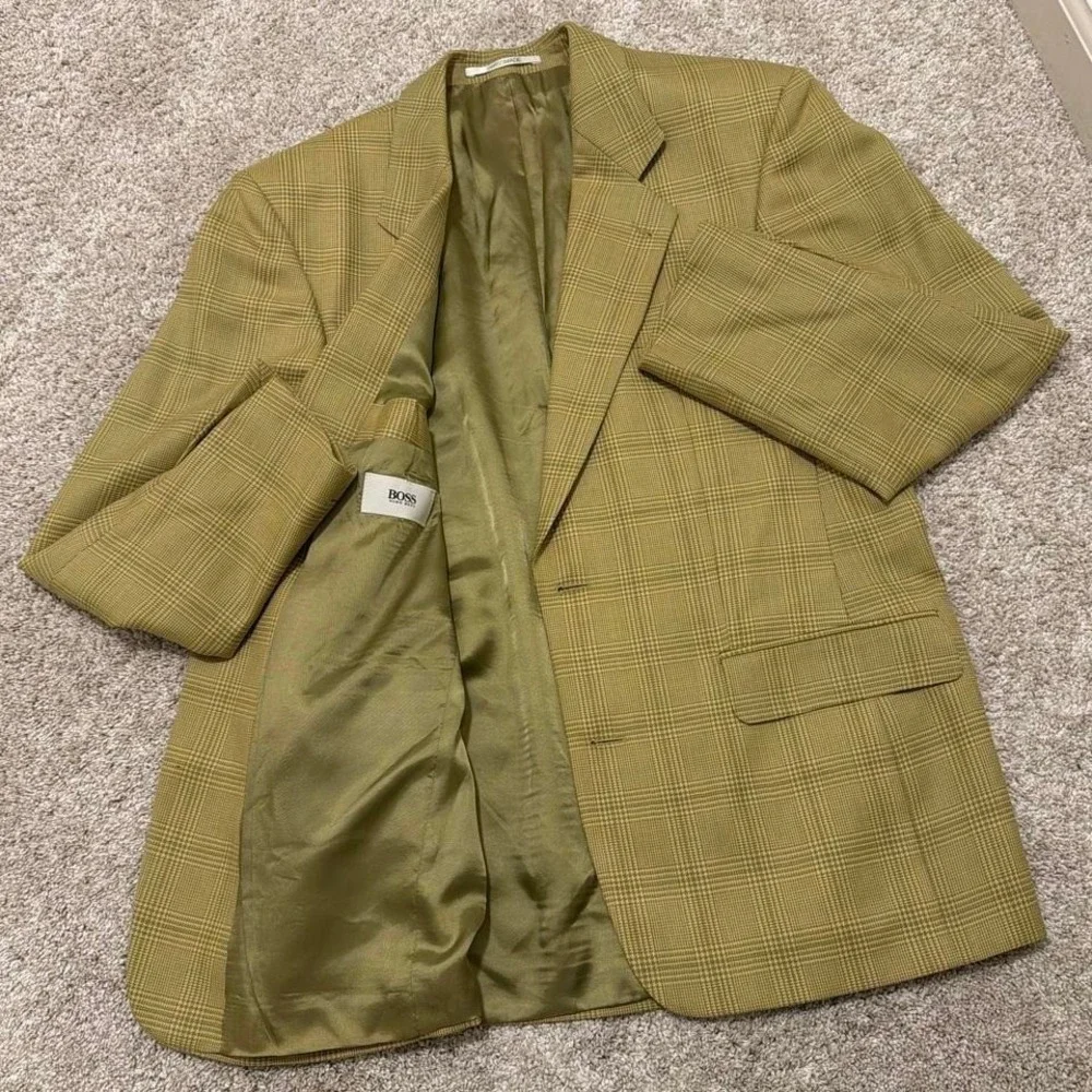 Rare 90s Vintage Hugo‎ Boss Virgin Wool Pin Stripe Blazer | Olive Plaid | 38R