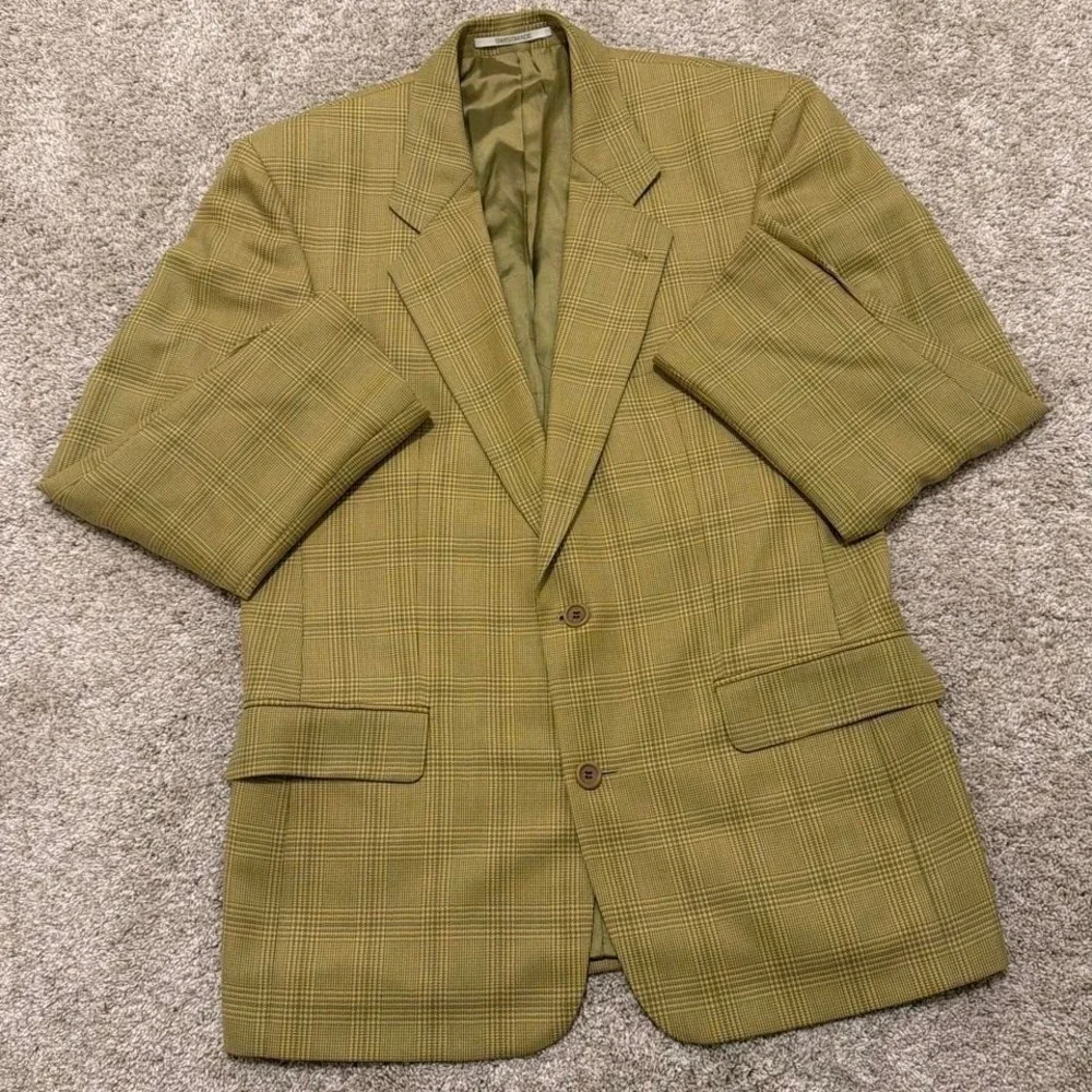 Rare 90s Vintage Hugo‎ Boss Virgin Wool Pin Stripe Blazer | Olive Plaid | 38R