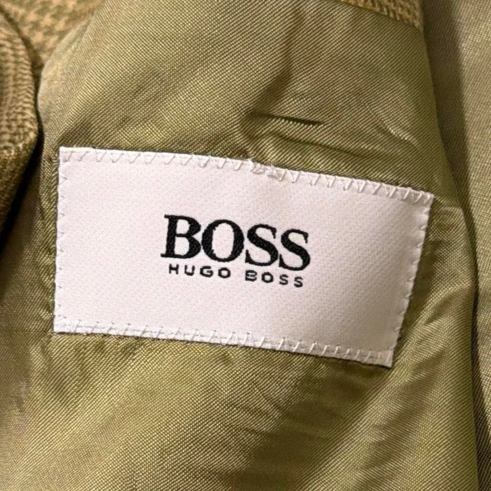 Rare 90s Vintage Hugo‎ Boss Virgin Wool Pin Stripe Blazer | Olive Plaid | 38R