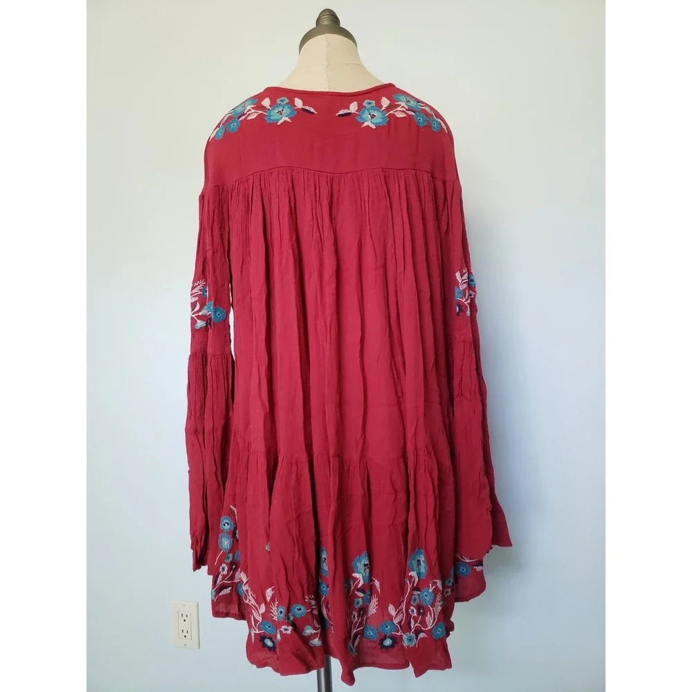 Free People Te Amo Womens S Mini Dress Red Floral Embroidered Boho Flared Sleeve