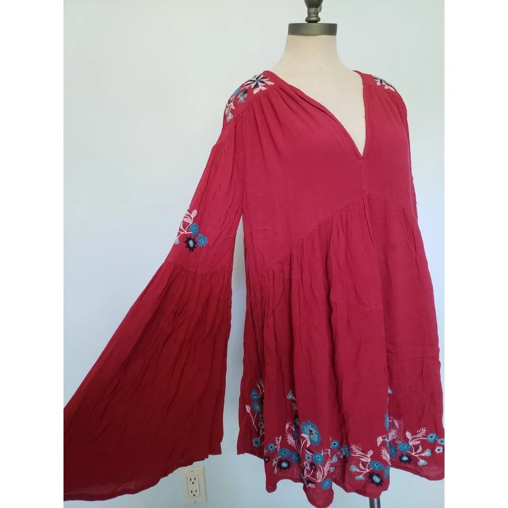 Free People Te Amo Womens S Mini Dress Red Floral Embroidered Boho Flared Sleeve