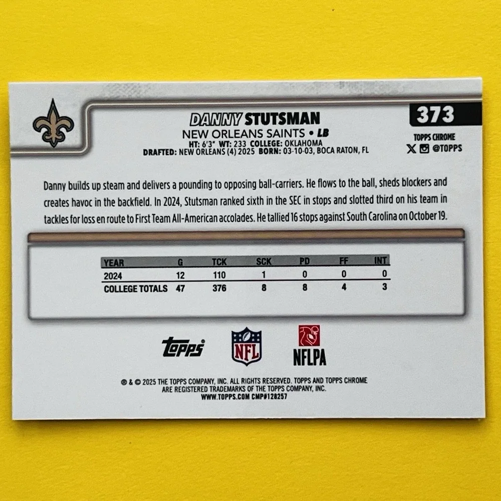 2025 Topps Chrome NFL Football Danny Stutsman RC #373 New Orleans Saints‎ Rookie