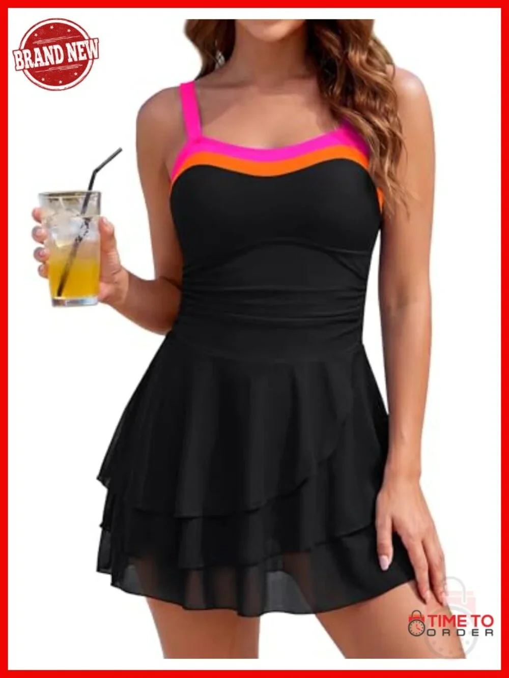 Modest One Piece Swim Dress with Mesh Skirt Tummy Control Ruched