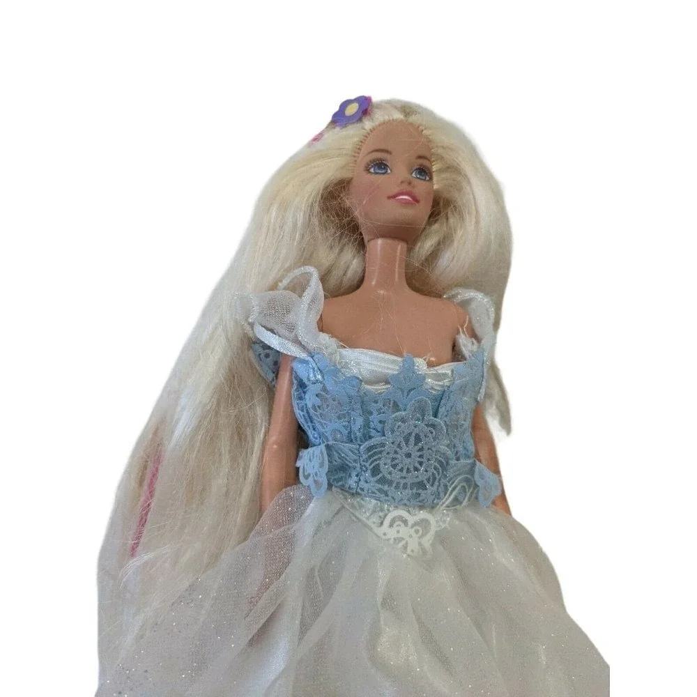 Mattel Barbie Doll Vintage Blonde Long Hair‎ Blue Lace White Glitter Gown G8361