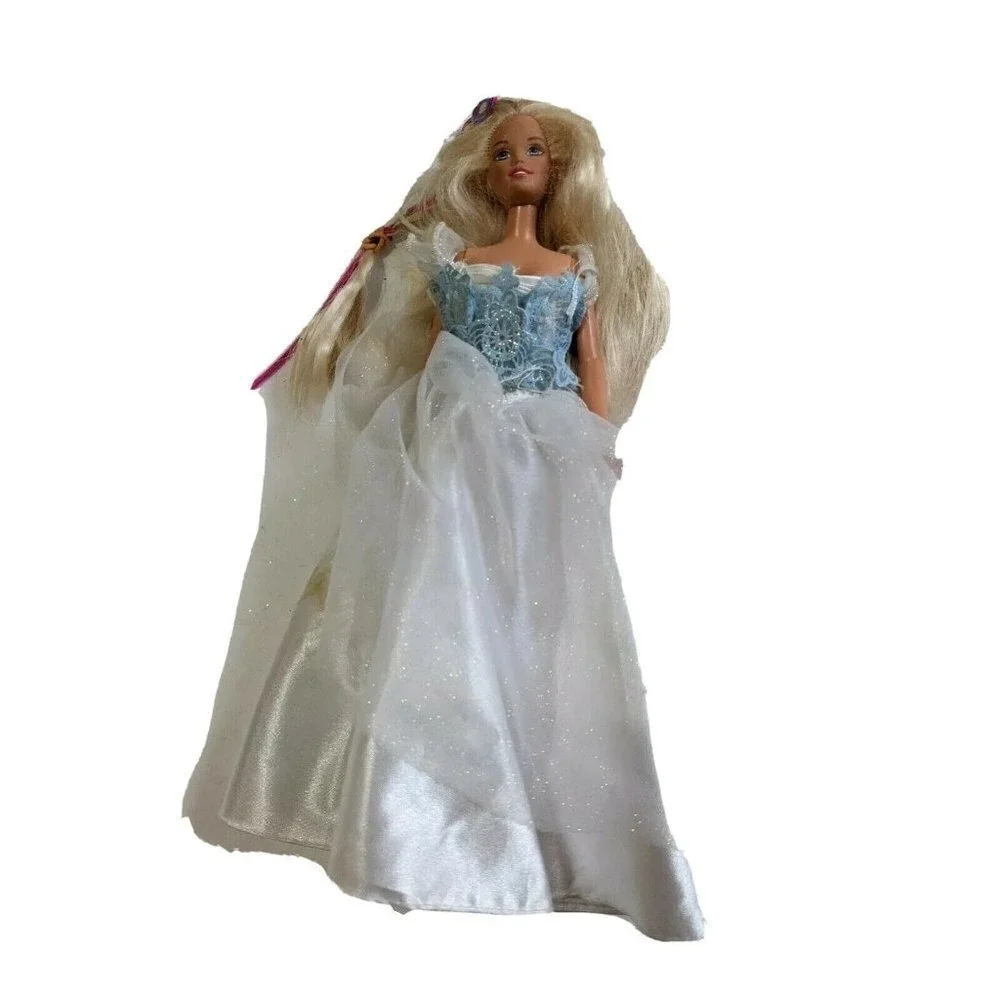 Mattel Barbie Doll Vintage Blonde Long Hair‎ Blue Lace White Glitter Gown G8361
