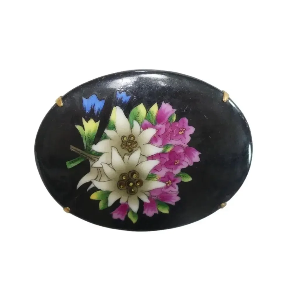 Vintage Hand Painted Flower Brooch – MCM Oval Floral Pin – Botanical Jewelry