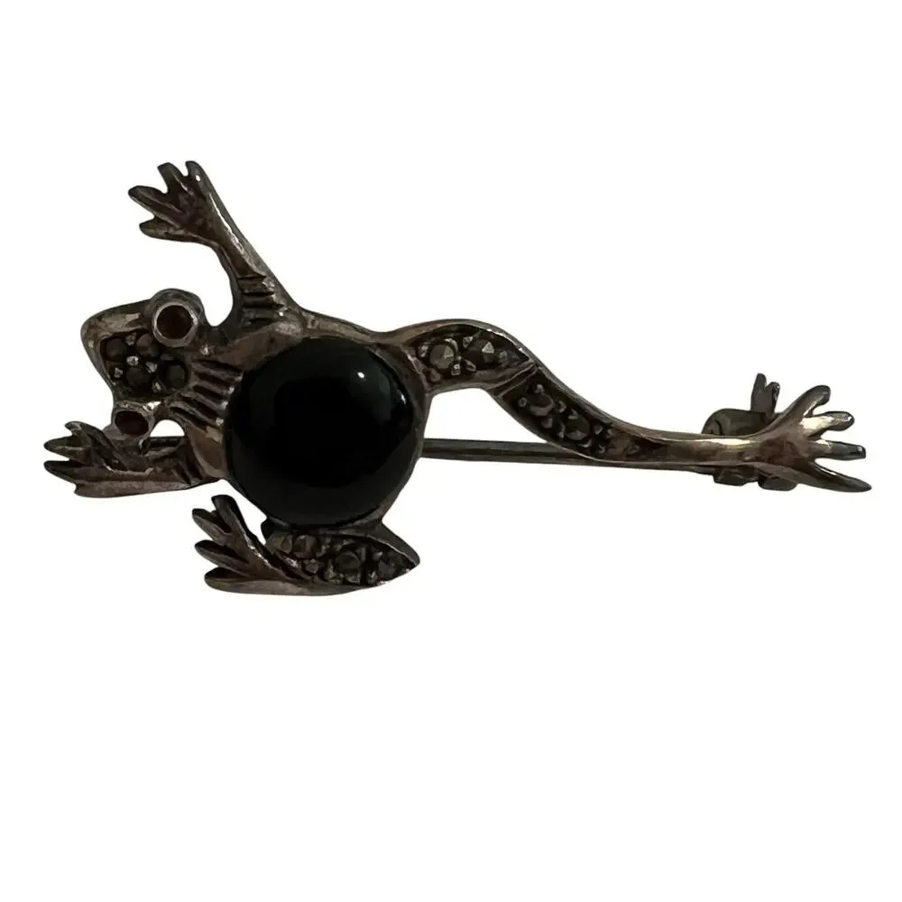 Vintage Sterling Silver .925 Frog Brooch Black Onyx Marcasite Eyes Animal Pin