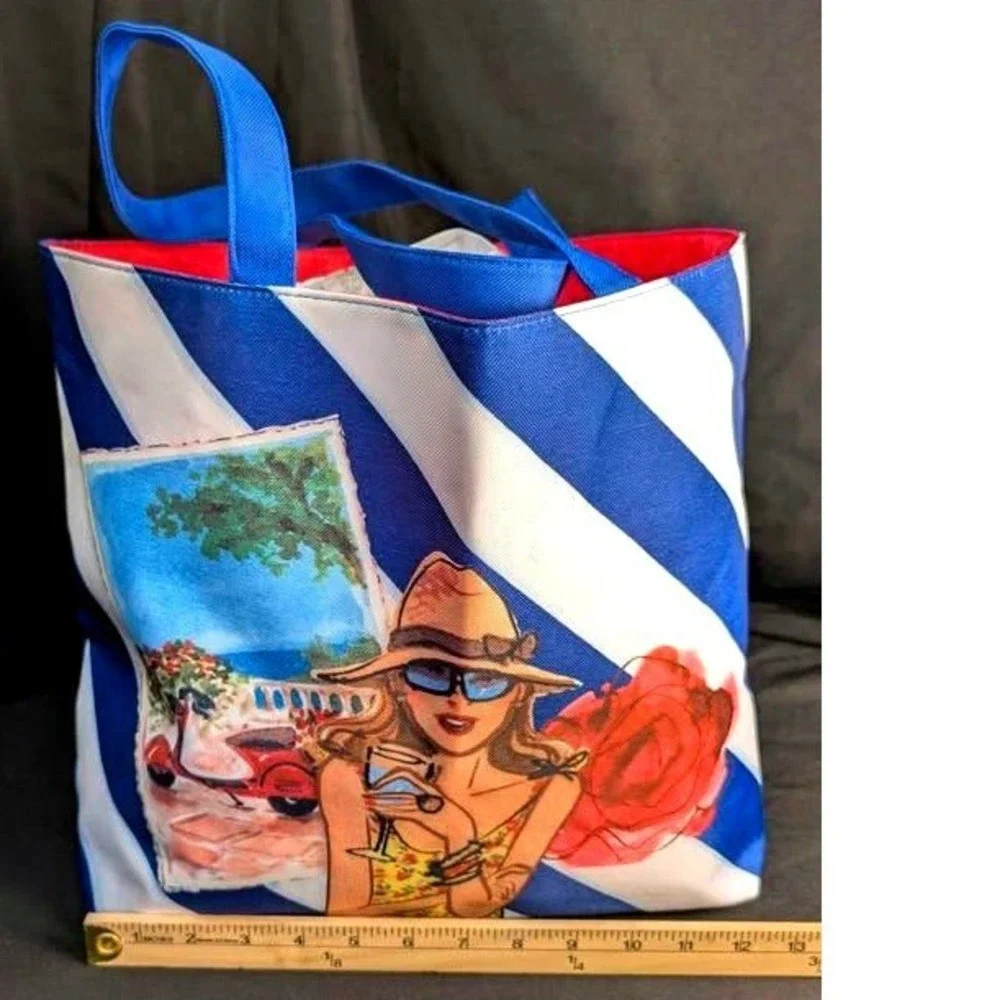 NWOT Lancôme Paris Beach Tote Bag~Canvas Blue/White Striped Vespa Girl Vaca Chic