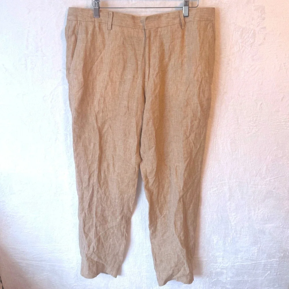 Bonobos Mens Standard‎ Fit Linen Pants Tan Khaki Flat Front Trousers Size 36