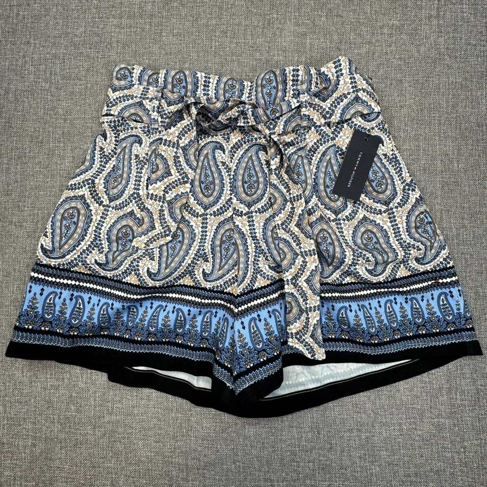 Tommy Hilfiger Paisley Shorts Women Medium Blue Belted Tie Waist Boho Resort NEW