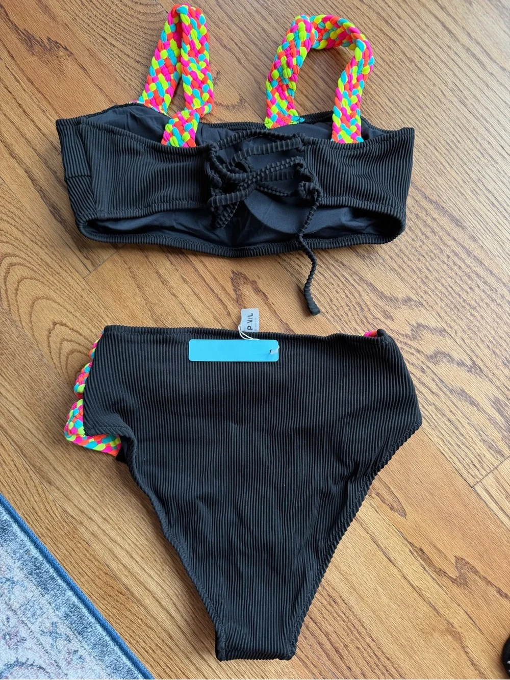 Black High-Waist Bikini with Neon Braided Straps