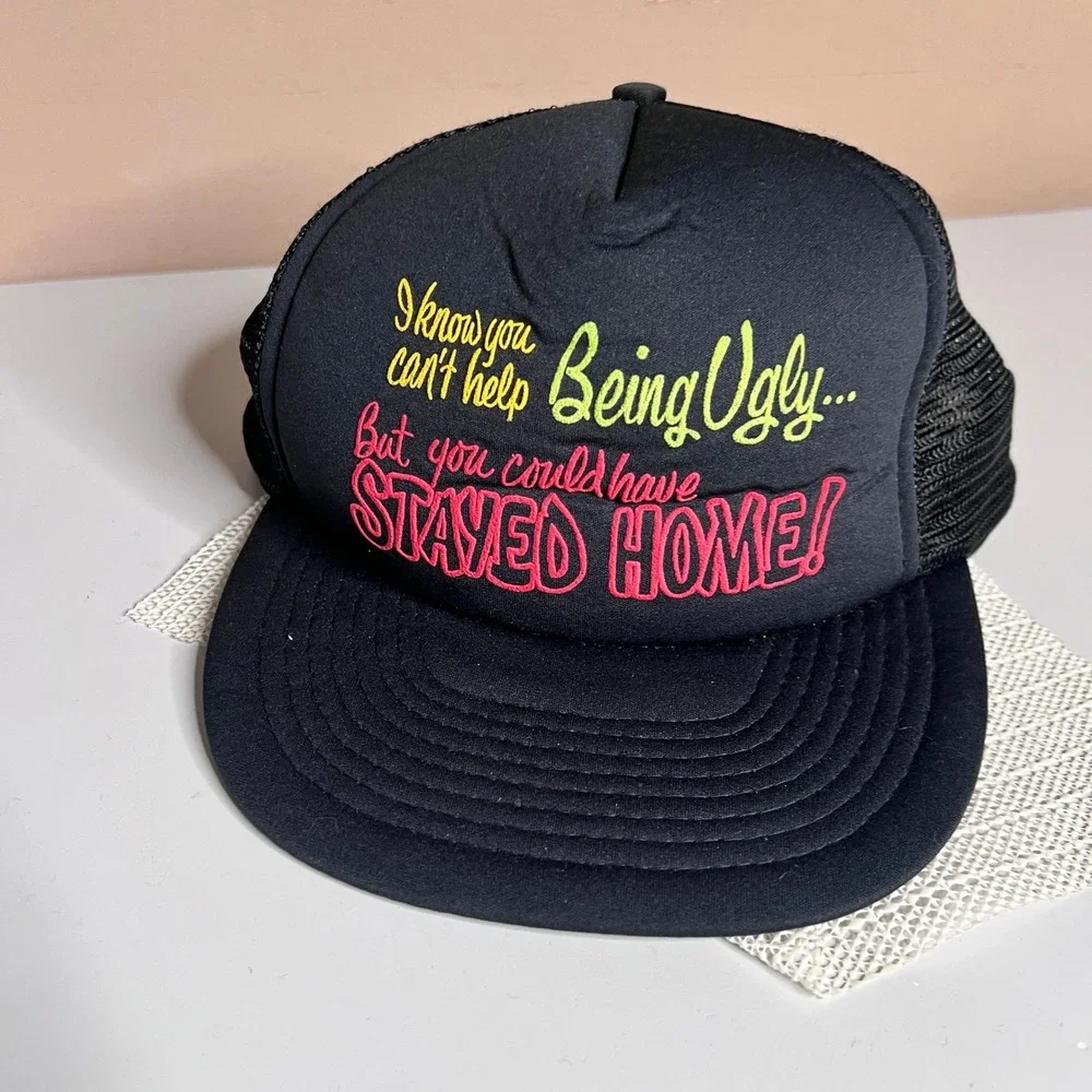 Vintage San Sun Being Ugly Stayed Home Trucker Hat Black Mesh Snapback Cap Humor