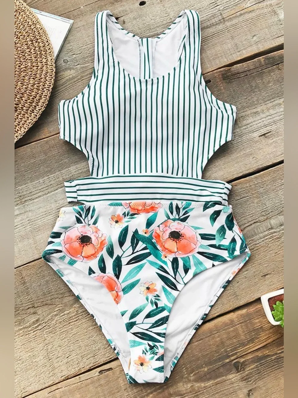 Cupshe Miss U Poppy Print One Piece Swimsuit Cutout Striped Floral Vacation M