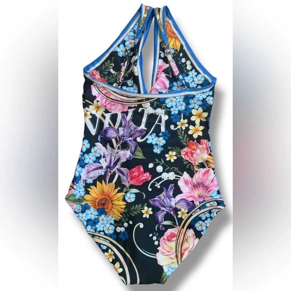 Agua Bendita NWT Billy Dreamin One-Piece Swimsuit Blue Floral‎ Beaded Sz Large