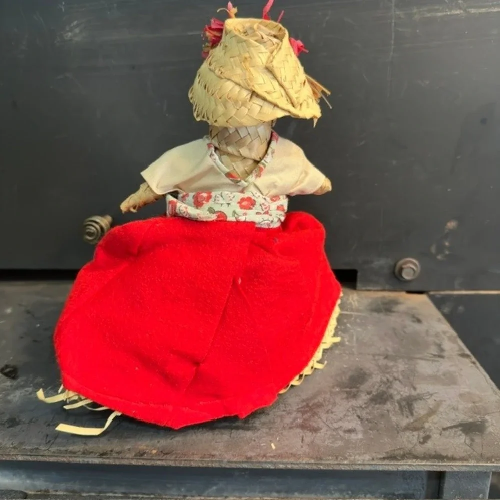 Vintage Jamaica Straw Doll Handmade Folk Art Red Skirt Caribbean Souvenir 9.5