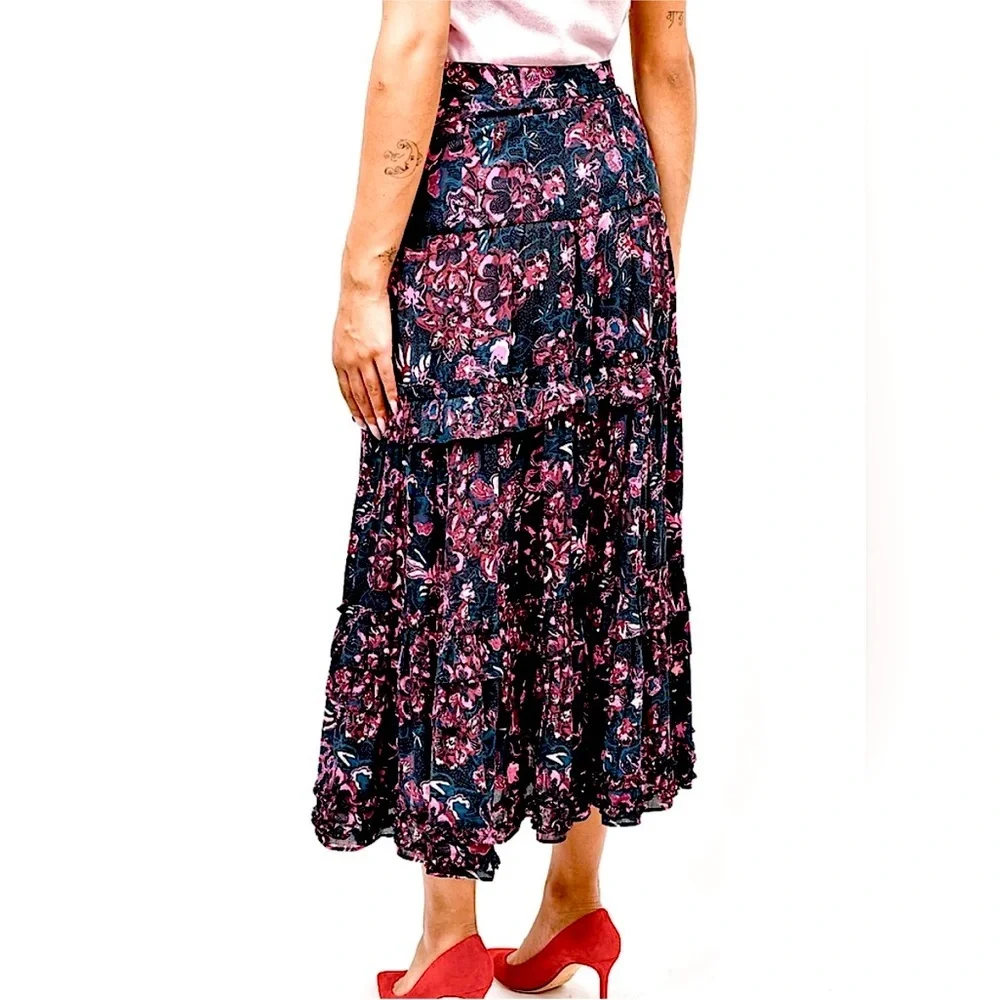 ULLA JOHNSON Amalia Midnight Floral Midi Skirt Tiered Ruffle Pink Navy Size‎ 2